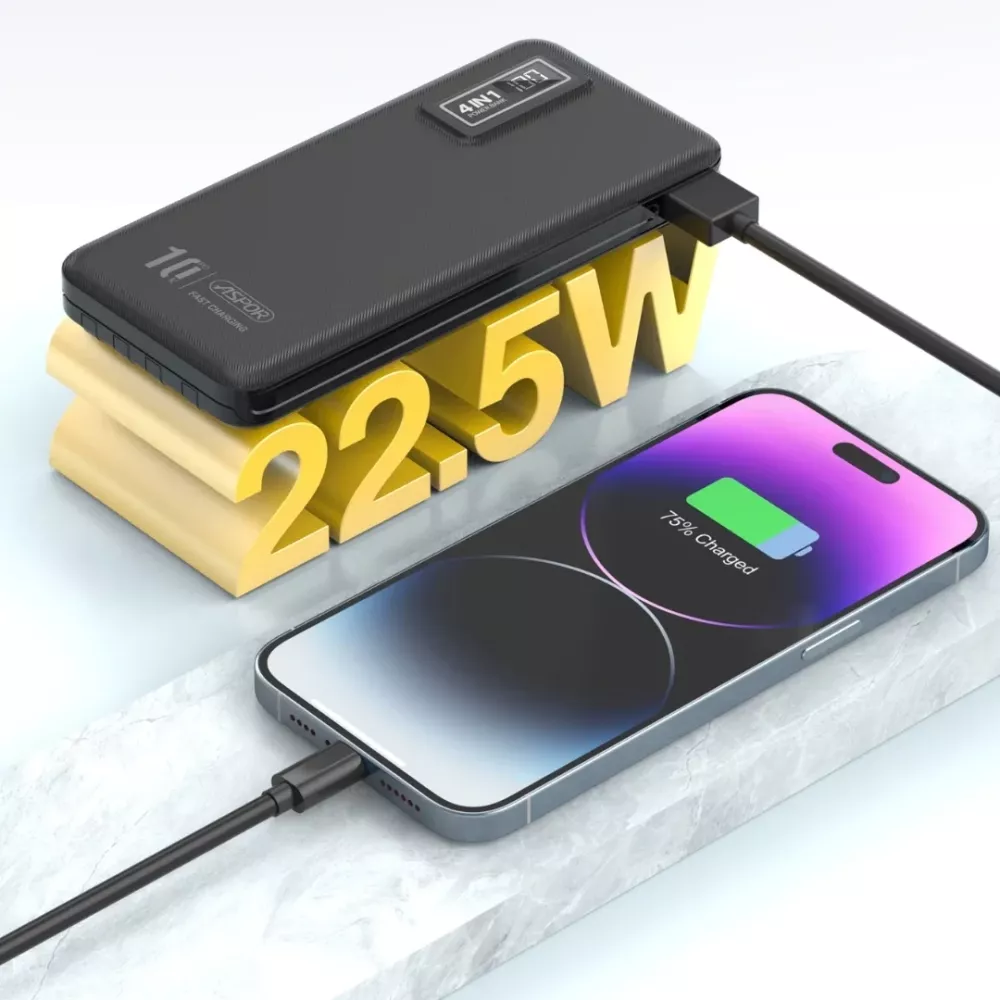 باور بانك بسعة 10000mAh شحن سريع 22.5W مع 4 كابلات مدمجة وشاشة رقمية ASPOR A300PD