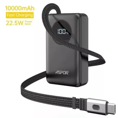 باور بانك بسعة 10000mAh شحن سريع 22.5W مع كابل Type-C قابل للسحب ASPOR A372