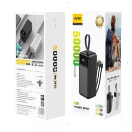 باور بانك 50000 مللي أمبير ASPOR A319 – شحن سريع 22.5 واط + 3 كابلات مدمجة + شاشة LED